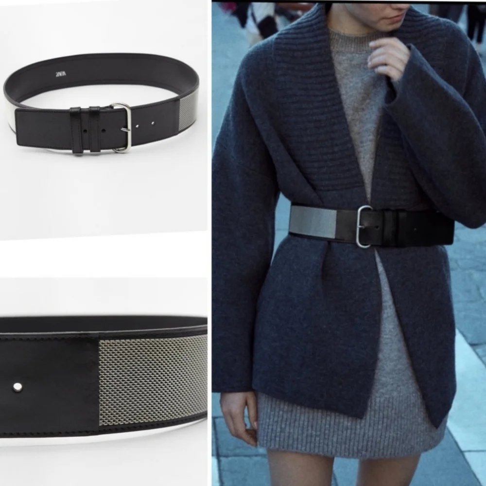 Zara Black Leather Belt With Metal Mesh New With Tags